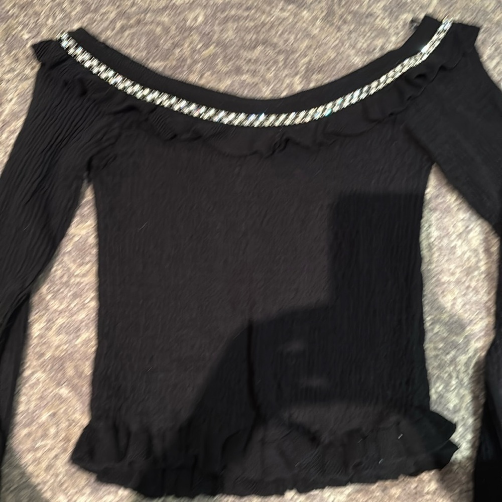 Bardot black knit cropped off shoulder long sleeved to with rhinestones in small